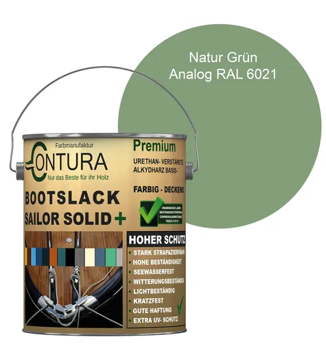 Contura Bootslack 2,5Liter. Farbig Glänzend Yacht- Buntlack Metall Holz GFK Holzlack Schiffslack RAL Boot - Natur Grün - RAL 6021 Analog