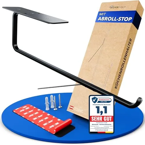WOHNHELD Küchenrollenhalter ohne Bohren - Mit Abroll-Bremse - Zewa Rollenhalter zum Einhändig Abreißen - Wand Küchenpapierhalter Schwarz