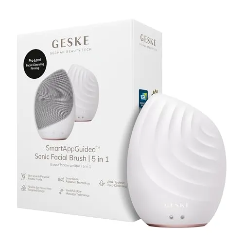 GESKE SmartAppGuided™ Sonic Facial Brush 5 in 1 - Elektrische Gesichtsreinigungsbürste mit Silikonbürste, Massagefunktion und Smart App für individuelle Hautpflege – für strahlende Haut und optimale Reinigung.