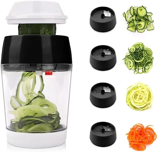 MENNYO Spiralschneider Gemüse mit Behälter, 4 in 1 Gemüseschneider Spaghetti Gemüsehobel,Spirallschneider Spiralenschneider für Gemüsespaghetti, Zucchini, Karotten,Kartoffeln, Möhren（Schwarz）