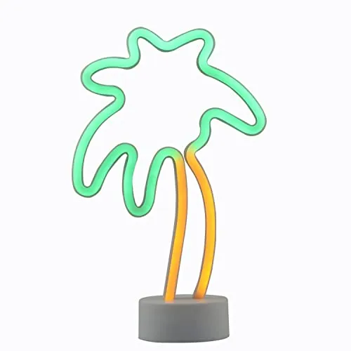 Neonlicht Palme grün gelb mit Fuß Sockel NEON LED Licht batteriebetrieben Aufsteller Tischlampe Leuchtreklame Lampe Leuchte Dekoration Kinderzimmer Schlafzimmer Beleuchtung Party Nachtlicht Stand