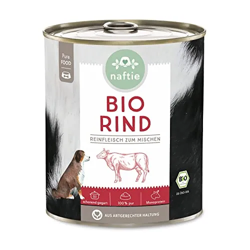 naftie Bio Hundefutter 100% Bio-Rind - Reinfleisch Rind pur - Nassfutter für Hunde zum Mischen, Barf-Fleisch - glutenfrei getreidefrei - 800g Dosen