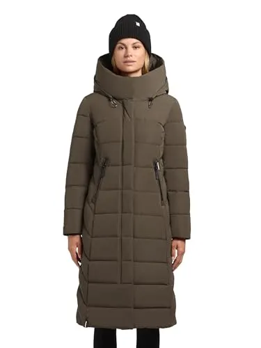 khujo Damen Langer Wintermantel warmer Steppmantel mit großem gefüttertem Kragen und Kapuze Sensy-YM Dark Green Gr. L