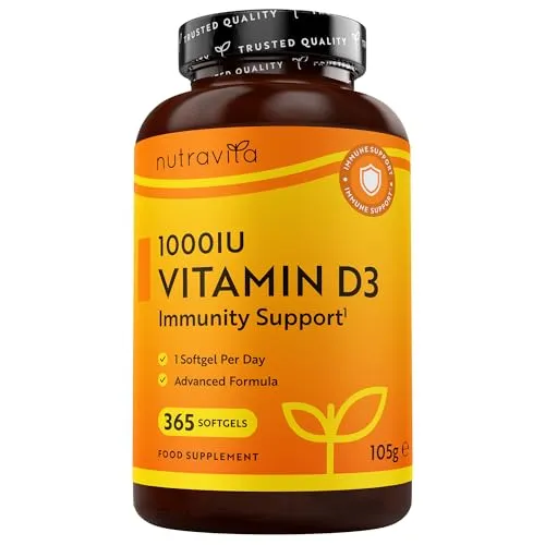 Vitamin D3 1000 I.E - 365 Kapseln - Unterstützt Knochen, Zähne, Muskeln und Immunsystem* - Vitamin D3 aus Deutschland - ohne künstlichen Zusatzstoffe - Hohe Reinheit - Hochdosiert - Premium Qualität