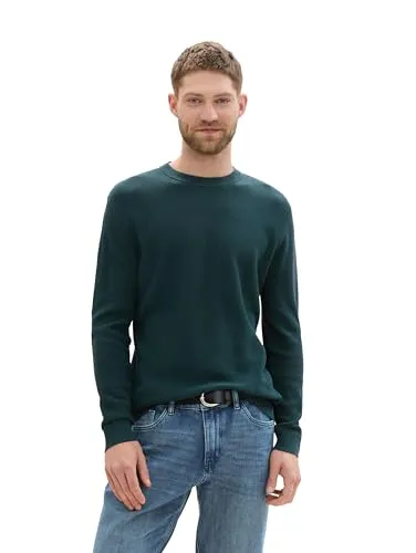 TOM TAILOR Herren Basic Strick-Pullover - Dark Tree Green Melange, XXXL - Pullover für Herren aus feiner, strukturierter Baumwolle, pflegeleicht und komfortabel. Ideal für einen klassischen Look mit Logo-Badge.