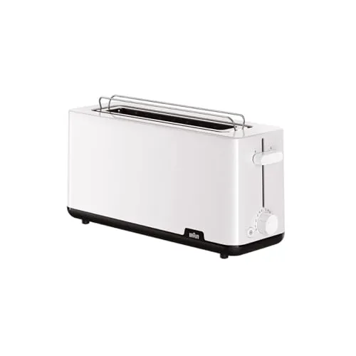 Braun HT1110WH Breakfast1 Langschlitz-Toaster Weiß-Schwarz - Toaster mit 25 cm langem Schlitz für verschiedene Brotsorten, 8 Bräunungsstufen und praktischer Aufwärm- sowie Auftaufunktion - ideal für perfekten Toastgenuss!