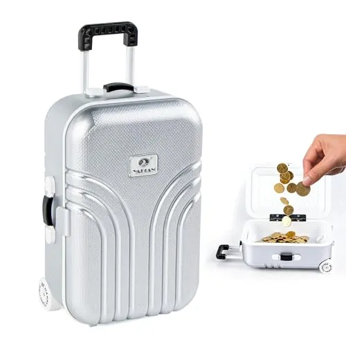 Kreative Spardose Mini Klein Trolley Gepäck Sparschwein, Moderne Desktop Dekoration Sparbüchse, Simulation Reisekoffer aus ABS Kunststoff, Nette Reise Box, 16x10.5x7cm (1Stück Silber)