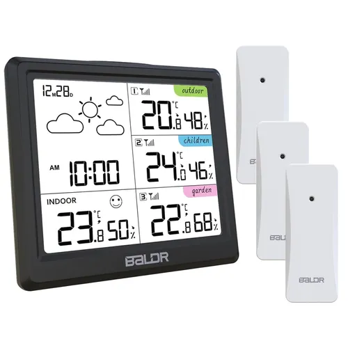 Funk Wetterstation mit 3 Außensensoren Thermometer Hygrometer Wecker