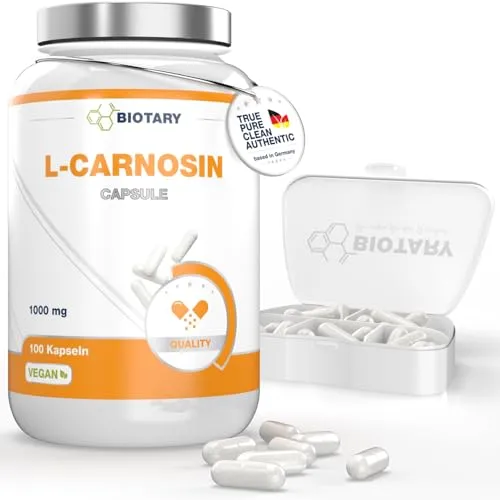 L-Carnosin 100 Kapseln - Hochdosiert mit 1000 mg Tagesportion - Aminosäure Carnitin: 100% vegan, hochdosiert und ohne Zusatzstoffe, ideal für eine optimale Bioverfügbarkeit. Laborgeprüfte Qualität, hergestellt in Deutschland.