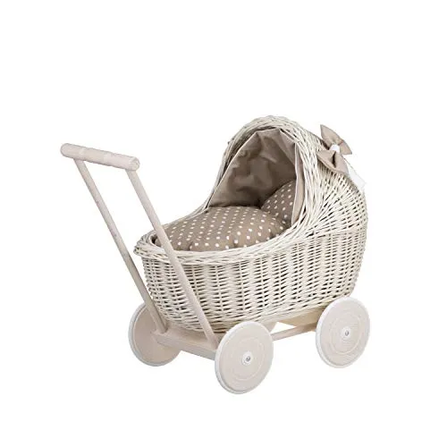 LILI Puppenwagen aus Weide Cremefarben 48X28 H6/47 CM - Puppenwagen aus Weide, robust und stabil, ideal für Puppen bis 35 cm. Perfektes Geschenk für kleine Mädchen, um ihre Träume zu verwirklichen.