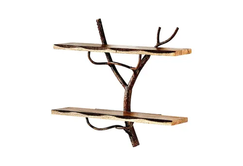 Kobolo Regal Wandregal Hängeregal - Ast Zweig mit 2 Böden - Regal im Landhausstil aus Mangoholz, ideal für rustikale Akzente und bietet zwei praktische Ablageflächen für Dekoration oder Bücher.