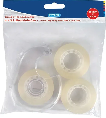 Stylex 23294 - Klebefilm-Handabroller mit 3 Rollen, transparentes Gehäuse und leichtes Abreißen dank Metallmesser