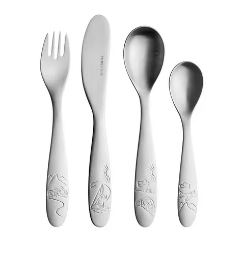 PURESIGNS Kinderbesteck TRIP (4-tlg) - Camping-Zubehör für 1 Person, aus hochwertigem Edelstahl 18/10, plastikfreier Essgenuss für die Kleinen, rostfrei und spülmaschinengeeignet.