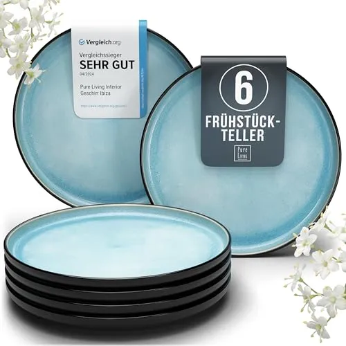Steingut Frühstücksteller Set 6 Pers. Ibiza in türkis von PURE LIVING INTERIOR DESIGN