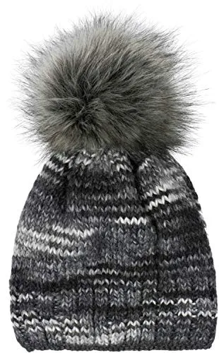 styleBREAKER Unisex Strick Bommelmütze bunt Gemustert mit Alpaka Anteil und Fleece Futter, Winter Fellbommel Mütze 04024179, Farbe:Schwarz-Grau-Weiß