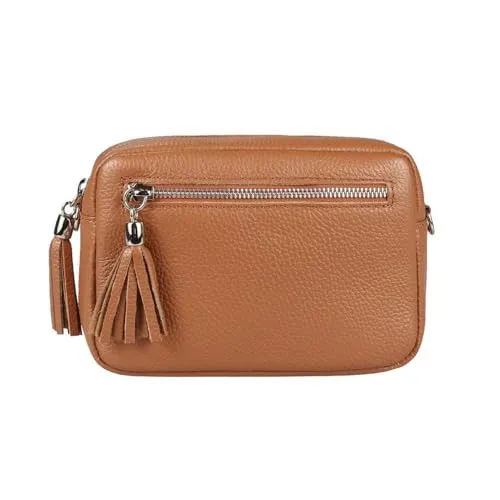 OBC Made in Italy Damen Leder Tasche Umhängetasche Schultertasche Beuteltasche Cross-Over Cross Bag Glattleder Schmucktasche Fransen Ledertasche (Cognac)