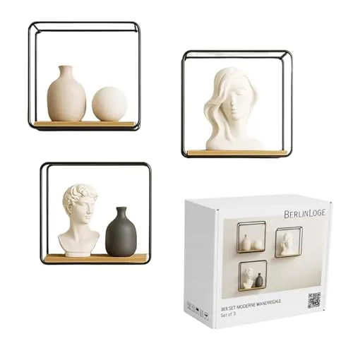 Berlinlodge Wandregal Metall/Bambus 3er Set - Schweberegale Set aus robustem Metall und Bambus, ideal für kreative Deko-Ideen und Platzersparnis in jedem Raum. Tragfähig bis 15 kg und einfach montierbar.