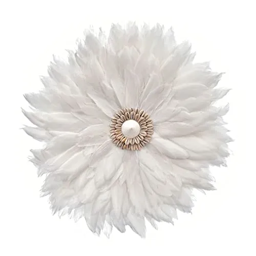 Lestarie Muschel Feder Wanddekoration, Bohemian Stil Muscheln Federn 40cm Weiß/Natural, Boho Juju Wandschmuck
