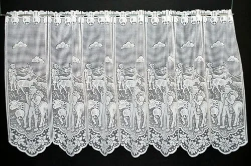 Scheibengardine Kühe u. Alphirte 60 cm hoch Weiß - Wunschbreite frei wählbar durch gekaufte Menge in 19 cm Schritten - Meterware