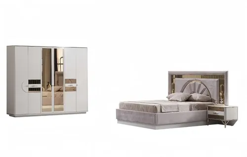 Schlafzimmer Komplett Set 4 tlg. mit Bett, 2 Nachttischen und Kleiderschrank - Moderne Schlafzimmergarnitur mit 4 Teilen, inklusive einem geräumigen Kleiderschrank und einem komfortablen Bett. Ideal für stilvolle Raumgestaltung und optimalen Stauraum.