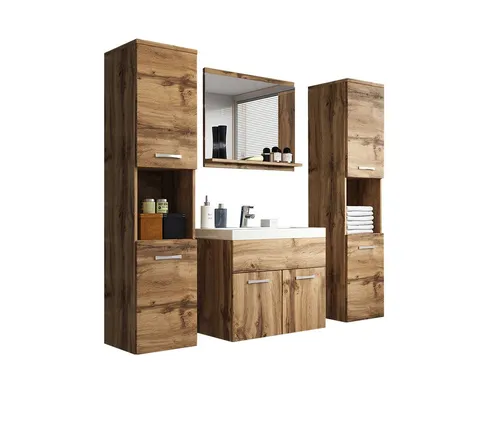 Feldmann-Wohnen Badmöbel-Set Montreal, (2 Hängeschränke, 1 Spiegel, 1 Waschbeckenunterschrank, 1 Waschbecken, 5-St., Türen, Einlegeböden, offene Fächer, Spiegel, Waschbecken), 5-teilig, Eiche Wotan