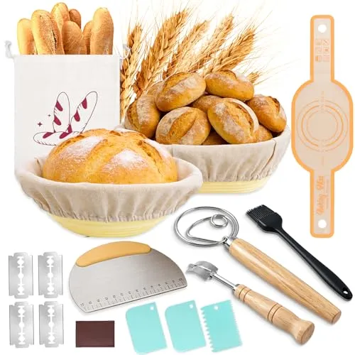Sauerteig Starter Set,13-teilig Brotgärkorb -Set- aus Silikon，Komplettset Brot Backen Zubehör, Geschenk für Anfänger und Erfahrener Bäcker(23cm rund & 25cm oval)