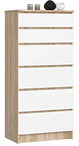AKORD Kommode K60 mit 6 Schubladen | für das Wohnzimmer Schlafzimmer Schrank Büro Arbeitszimmer | Modernes Funktionales Design | B60 x H130 x T40 cm, Gewicht 43kg | Sonoma Eiche/Weiß