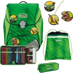 Scout Alpha Schulranzen-Set 4-tlg. DIN Dino Rex 2024 - Ergonomischer Schulranzen mit höhenverstellbarem Tragegurtsystem und 20 Litern Volumen, ideal für die Rückengesundheit Ihres Kindes. Set enthält Turnbeutel und bestücktes Federmäppchen.