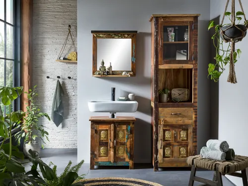 massivum Badmöbel-Set Sumana - Rustikale Boho Badezimmermöbel aus Holz - Elegantes Badmöbel-Set Sumana aus recyceltem Hartholz, ideal für rustikale Badezimmer. Mit praktischen Maßen von 50x40x180 cm und sofort montiert geliefert.