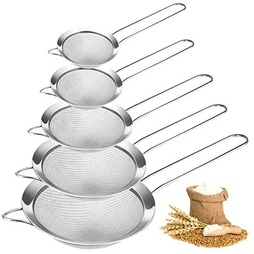 Vegena 5 Stücke Küchensieb Feinmaschig, Feinmaschsieb Set aus Edelstahl, 5 Größen Sieb Küche Klein, Metallsieb Edelstahl Fein zum Sieben, Abtropfen und Spülen von Gemüse, Pasta, Tee(7/8/10/12/14 cm)