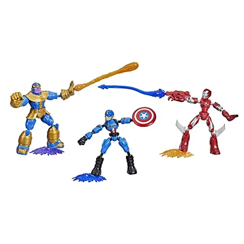 Marvel Avengers Spieleset mit 3 Actionfiguren - Iron Man, Captain America & Thanos - Actionfiguren-Set mit flexiblen Armen und Beinen für kreative Spielpositionen. Inklusive 9 Zubehörteilen für dynamische Abenteuer und aufregende Kämpfe!