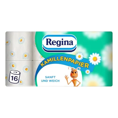 Regina Kamillenpapier – 3-lagiges Toilettenpapier mit Kamillenduft, 16 Rollen - Toilettenpapier für empfindliche Haut, 3-lagig und sanft mit dezentem Kamillenduft. FSC-zertifiziert und umweltfreundlich – für angenehme Hygiene in der Familie.