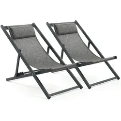 Mondeer Klappbare Gartenliege mit Kopfstütze – 2 Stück Schwarz - Ergonomische Sonnenliege aus stabiler Aluminiumlegierung, atmungsaktives Gewebe, flexibel einstellbarer Neigungswinkel für höchsten Komfort. Ideal für Balkon, Terrasse oder Strand!
