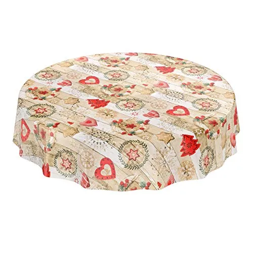 ANRO Tischdecke Weihnachtstischdecke abwaschbar Wachstischdecke Christmas Rot Beige Rund 120cm