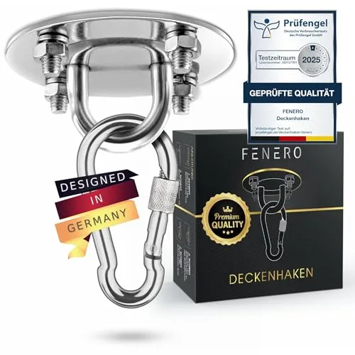 FENERO Deckenhaken Hängesessel 400kg – Boxsack Halterung, Hängematten Befestigung, Schaukelhaken - Deckenhalterung Outdoor & Indoor – Schwerlasthaken Edelstahl Aufhängung