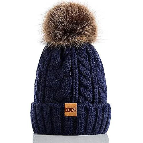 REDESS Damen Winter Bommel Beanie Mütze mit warmem Fleece gefüttert, Dicker Slouchy Snow Knit Skull Ski Cap