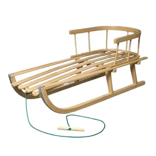 BAS Holzschlitten aus Buchenholz mit Rückenlehne & Zugseil – Klassischer Kinderschlitten mit Metallkufen -Stabiler Rodelschlitten für Kinder