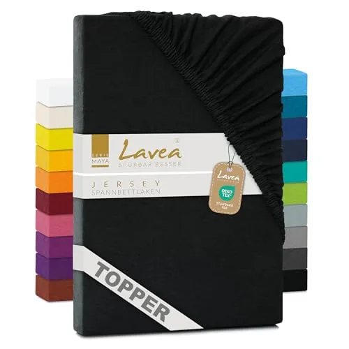 Lavea® Jersey Topper Spannbettlaken, Spannbetttuch, Serie Maya, 100% Baumwolle, hochwertige Verarbeitung, mit Gummizug und OekoTex100 180x200cm | 200x200cm, Schwarz
