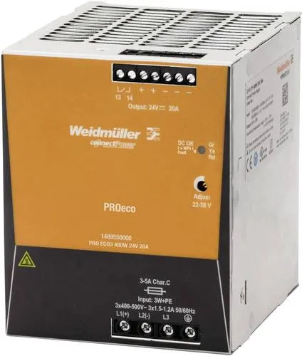 Weidmüller PRO ECO3 480W 24V 20A Hutschienen-Netzteil - Systemstromversorgung für den Serienmaschinenbau, bietet hohe Leistung, Flexibilität und umfangreiche Sicherheitsfunktionen für zuverlässigen Betrieb.