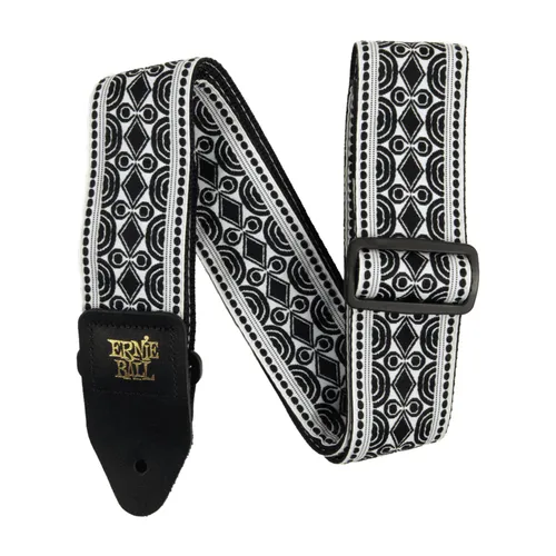 Ernie Ball Jacquard Beatnik Black Gitarrengurt - Stylischer Gitarrengurt im Beatnik Black Design, 50 mm breit und aus langlebigem Polypropylen, verstellbar von 1040 bis 1280 mm für optimalen Tragekomfort und sicheren Halt.