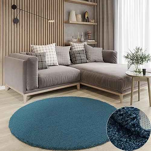 MY-RUG Shaggy Star kuscheliger Langflor Teppich, Rutschhemmende Unterseite, extra Langer Hochflor 37 mm, Pflegeleicht, Super Soft, Felloptik, dunkelblau, Navy, Marine, rund 100 cm