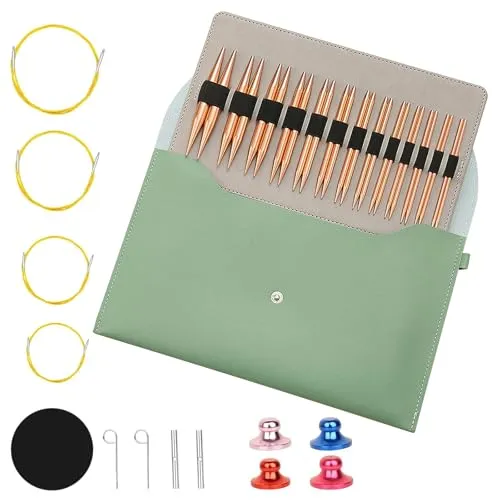 Rundstricknadeln Set Austauschbar – 13 Paare 3–10 mm mit Etui & Zubehör – Stricknadeln Set für Anfänger & Erwachsene – Einfach zu bedienen – Professionelles Strickzubehör Geschenk, Sekt (Grün)