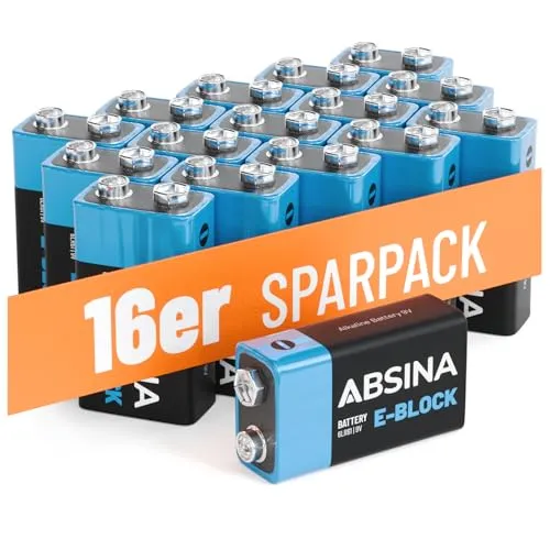 ABSINA 16x 9V Blockbatterie Alkaline - Langlebige & auslaufsichere 9V Batterien für Rauchmelder - Batterien - 16 langlebige 9V Blockbatterien mit hoher Kapazität, ideal für Rauchmelder und andere Geräte, lagerfähig bis zu 5 Jahre.
