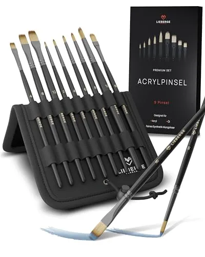 LIEBERGE Malpinsel Premium Set Acryl – 9 hochwertige Pinsel für Künstler - Malpinsel Set mit 9 Acryl- und Ölpinseln, inkl. Präsenter. Synthetikhaar, vegan, langlebig und ideal für Anfänger sowie Profis.