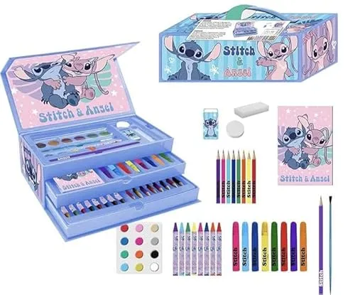 Cerda Group Stitch Mal- und Zeichen-Set im Koffer - Basteln: Kreativkoffer im coolen Stitch Design mit 12 Wasserfarben, Bleistift, Notizbuch und mehr – ideal für Schule und Freizeit!