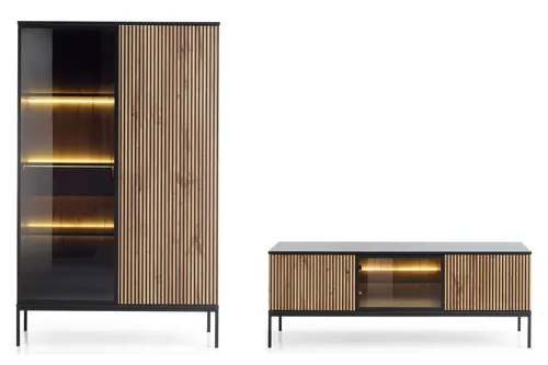 Wohnzimmer-Set Wohnwand 2-teilig schwarz Wotan Eiche MDF grifflos - Moderne TV-Möbel & Schrankwände mit 5 Türen, LED-Beleuchtung und griffloser Push-to-Open-Funktion für eleganten Komfort im Wohnzimmer.