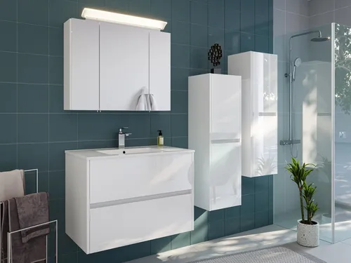 Magnolia Home Badmöbel-Set Taifun 80cm 4tlg - Hochglänzendes Badmöbelset in Weiß mit Spiegelschrank und zwei Seitenschränken. Ideal für ein modernes Badezimmer, bietet viel Stauraum und eine stilvolle Optik.