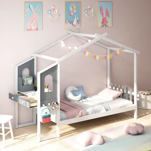 COSTWAY 90x200cm Hausbett mit Schreibtisch