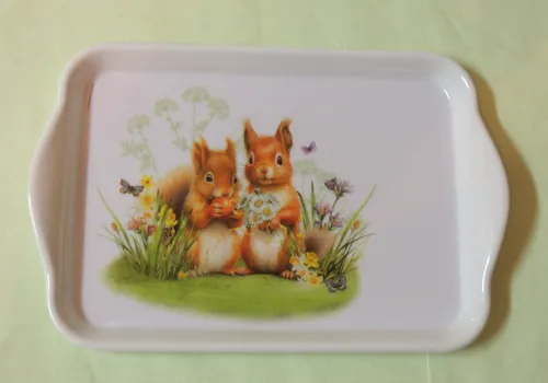 Ambiente 1x Tablett niedliche Eichhörnchen ca. 13 x 21 cm Tiere Blumen Nuss Schm