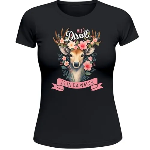 MoonWorks® Damen T-Shirt für das Oktoberfest MEI Dirndl is in da Wäsch Fun-Shirt Trachtenshirt Bierfest Outfit Statement Spruch Schwarz 3XL